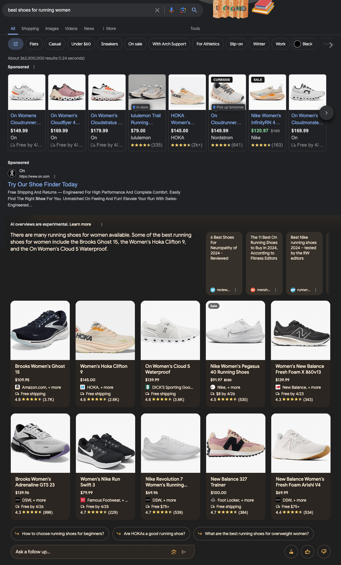 A.I. overview of Google search results for: best shoes for running women