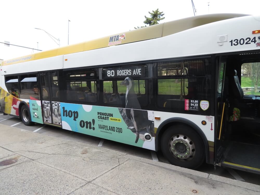 MTA Bus Wrap with penguin image and text reading: 'hop on!'