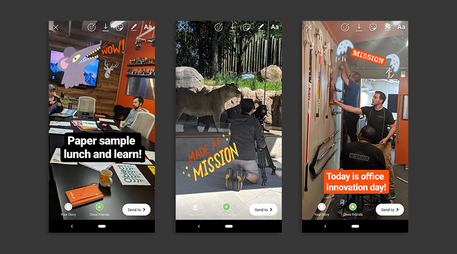three different instagram stories using branded mission giphy stickers