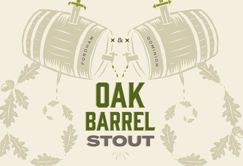 Fordham & Dominion Oak Barrel Stout with two beer barrels