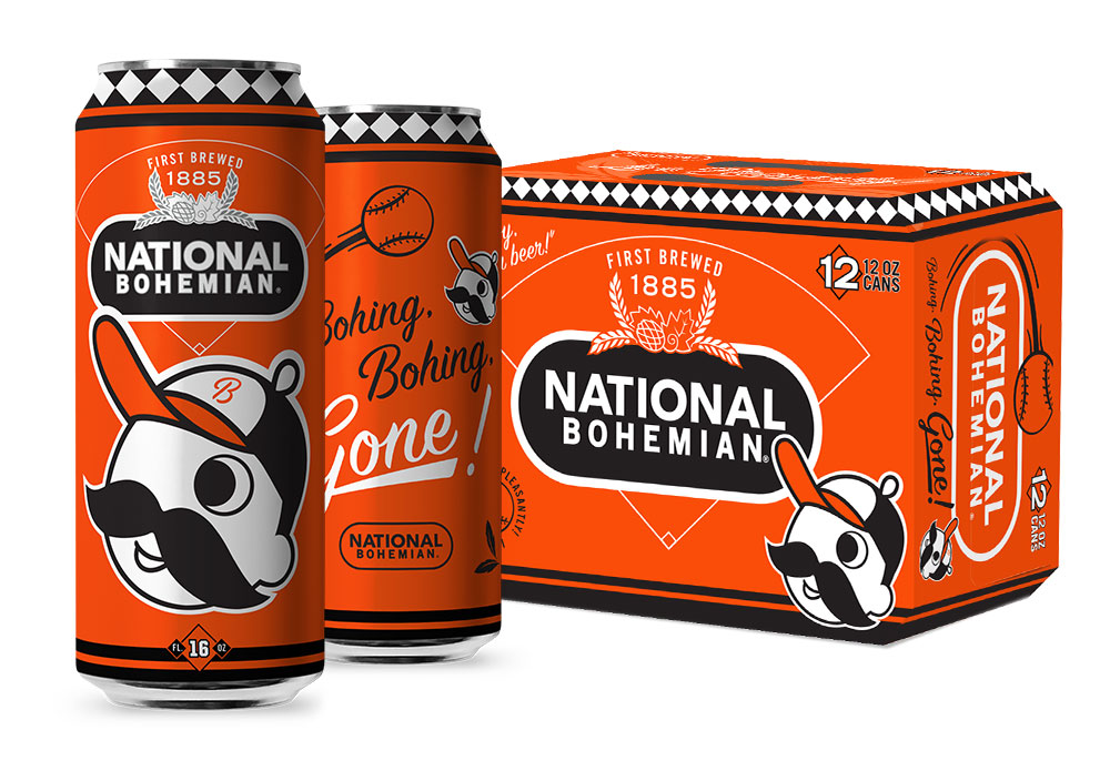orange National Bohemian beer cans and package