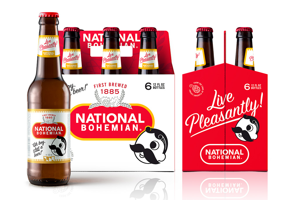 orange National Bohemian beer bottle in front of two six-packs