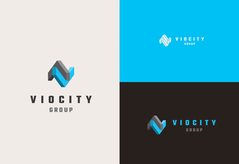Viocity Group logo in three different colors - white, blue and black