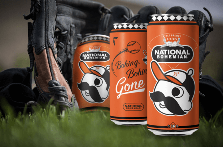 National Bohemian or Natty Boh beer cans featuring a baseball-inspired design