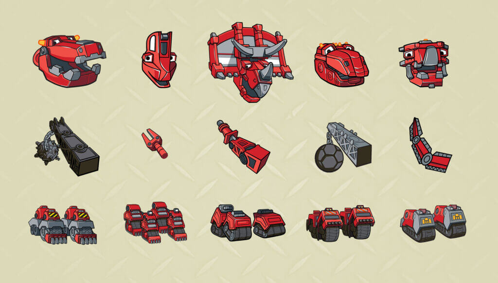 Different body parts users can swap to create custom DinoTrux characters.