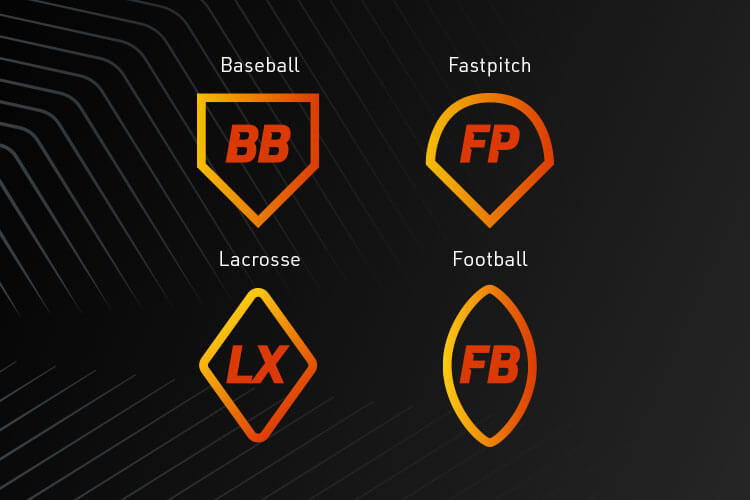Different iconography used to indicate the four different sports EvoShield manufactures products for: baseball, fastpitch softball, lacrosse, and football.