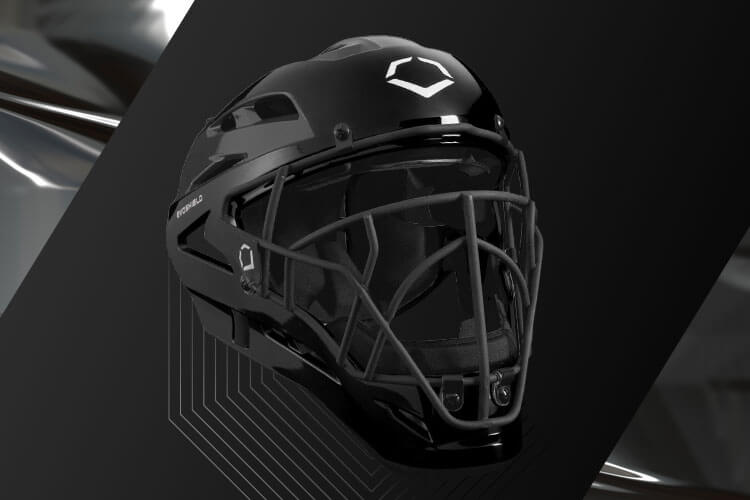 An image of a black catcher’s helmet.