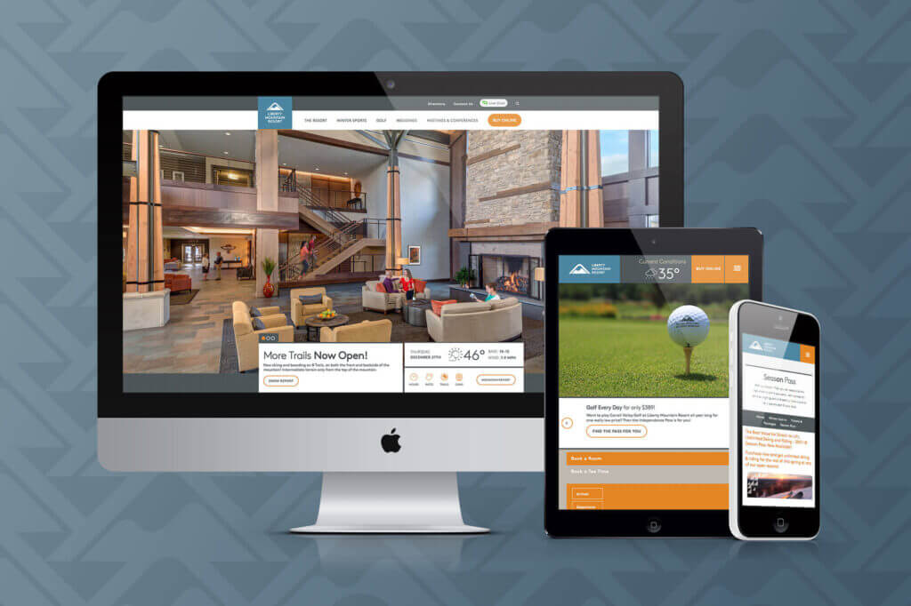 Computer, tablet, and phone displaying Liberty Mountain Resort webpages.