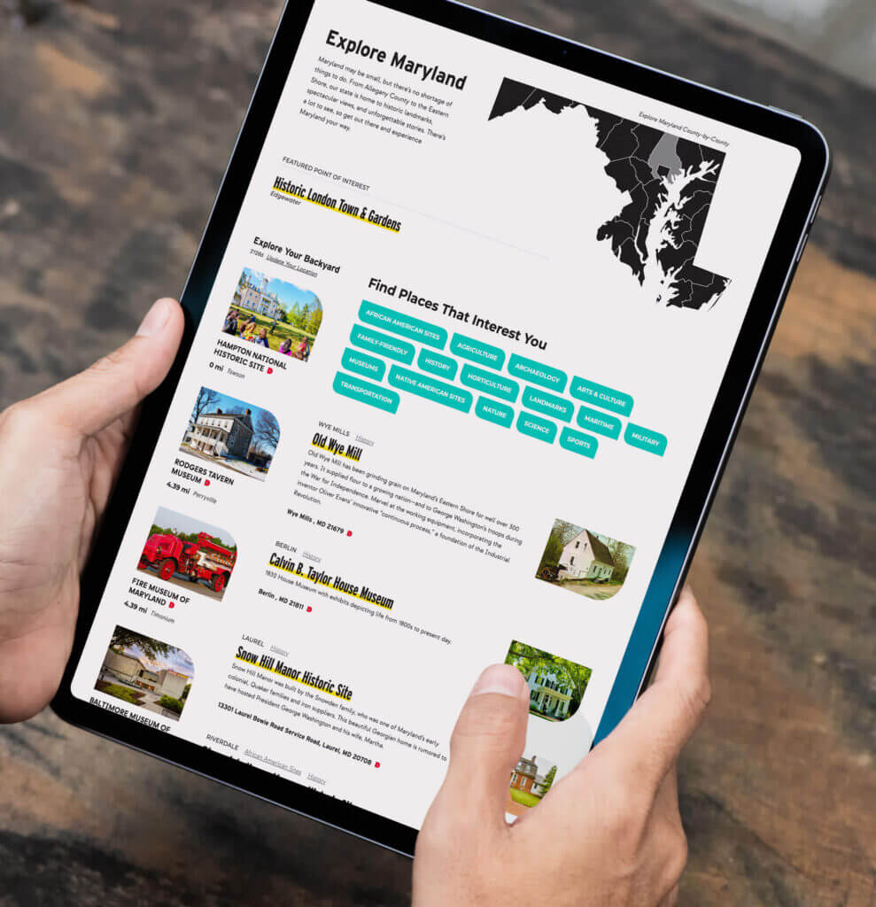 The MD TWO FIFTY places page displayed on a tablet.
