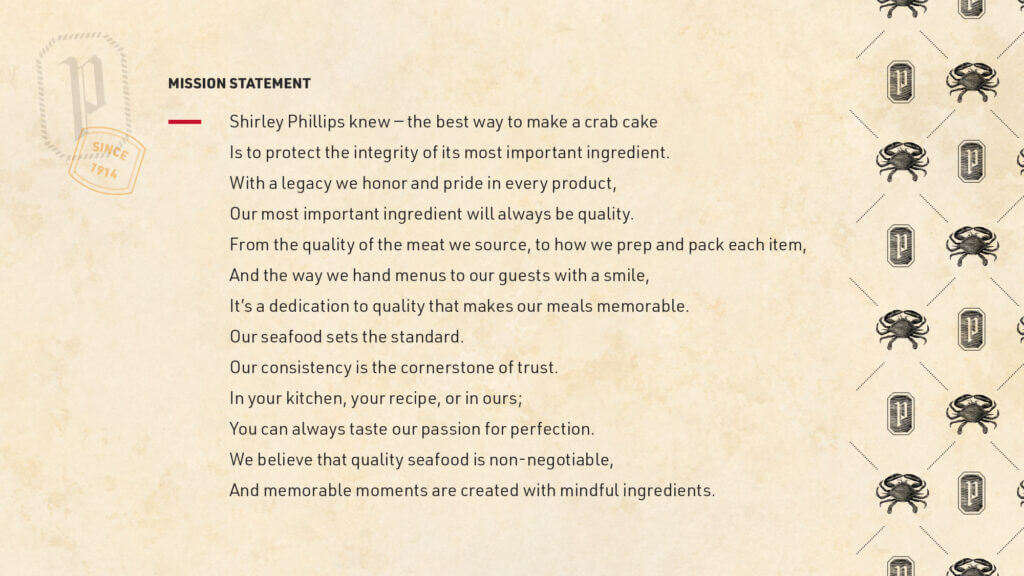 A screenshot of the Phillips Seafood mission statement.