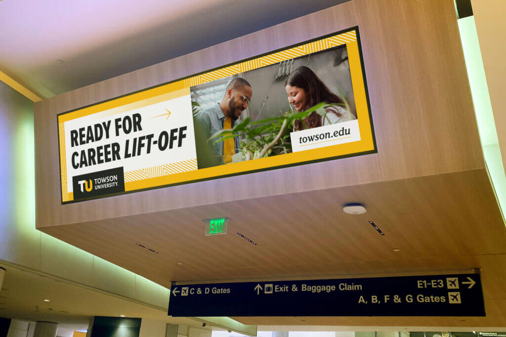 An ad at an airport that reads, “ready for career lift-off.”
