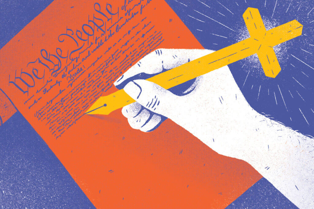 An illustration of a cross-shaped pen drafting the U.S. Constitution.
