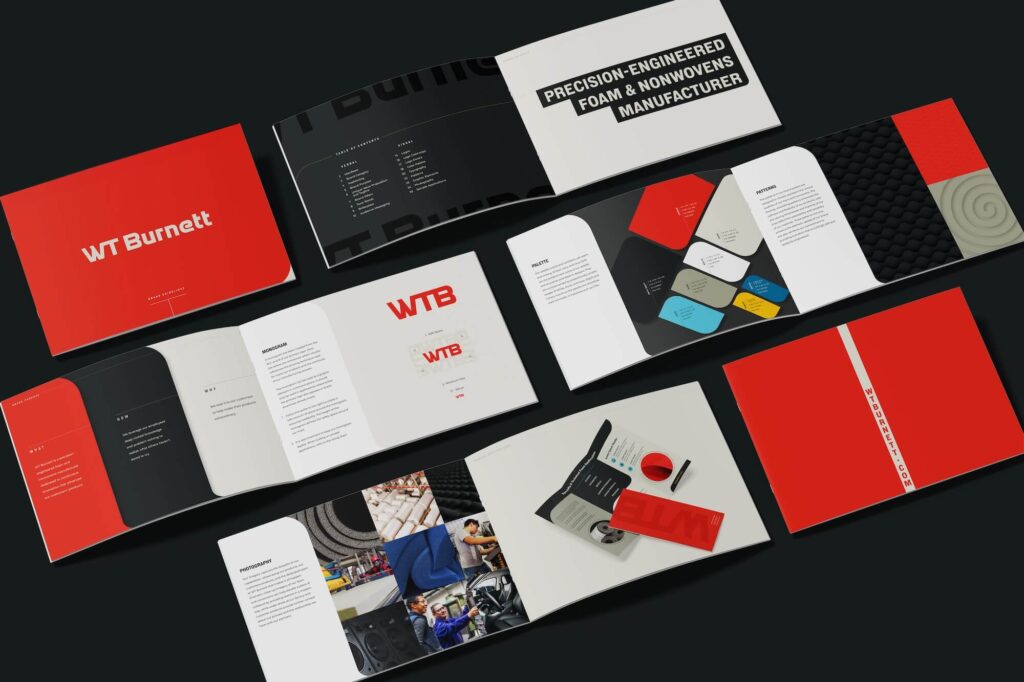 Style guide laid out showing various pages featuring logo usage, colors, and brand platform statements