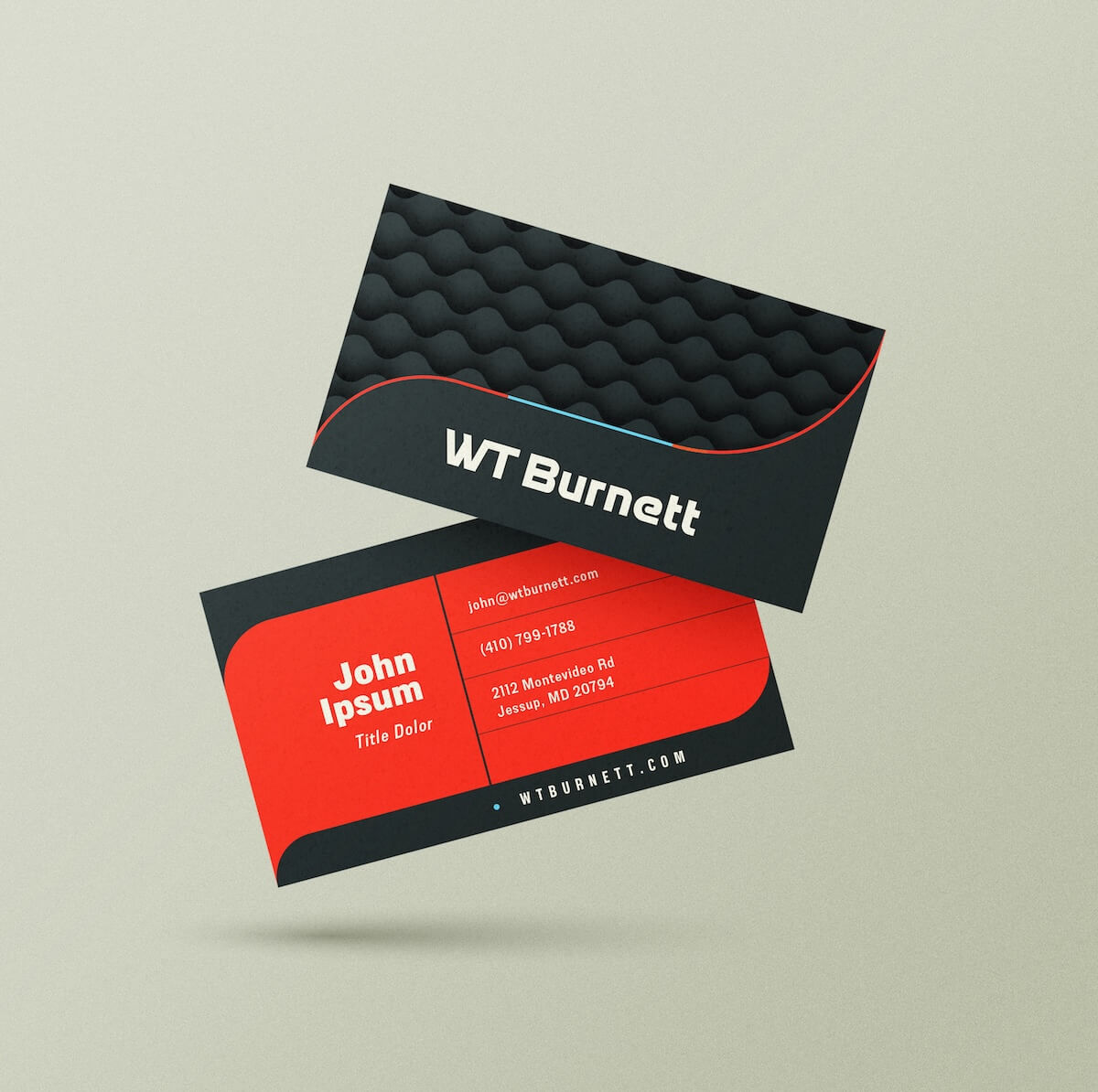 Business card design pictured with placeholder type and names