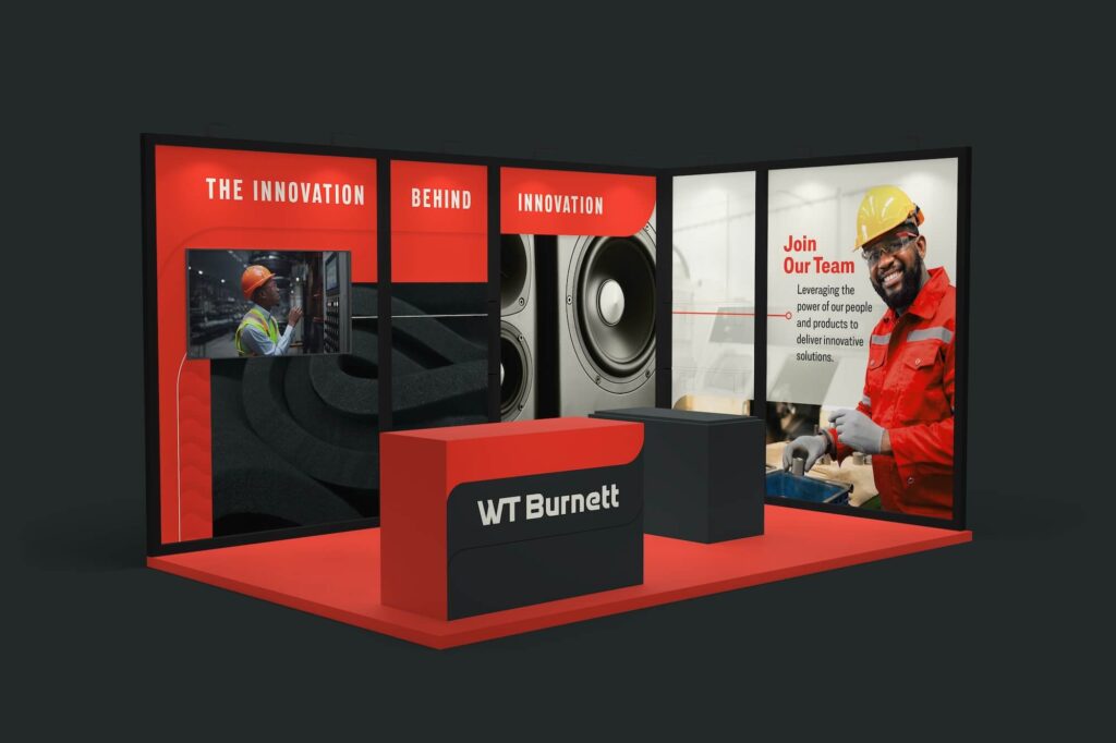 A mocked up trade-show booth utilizing new logo and colors