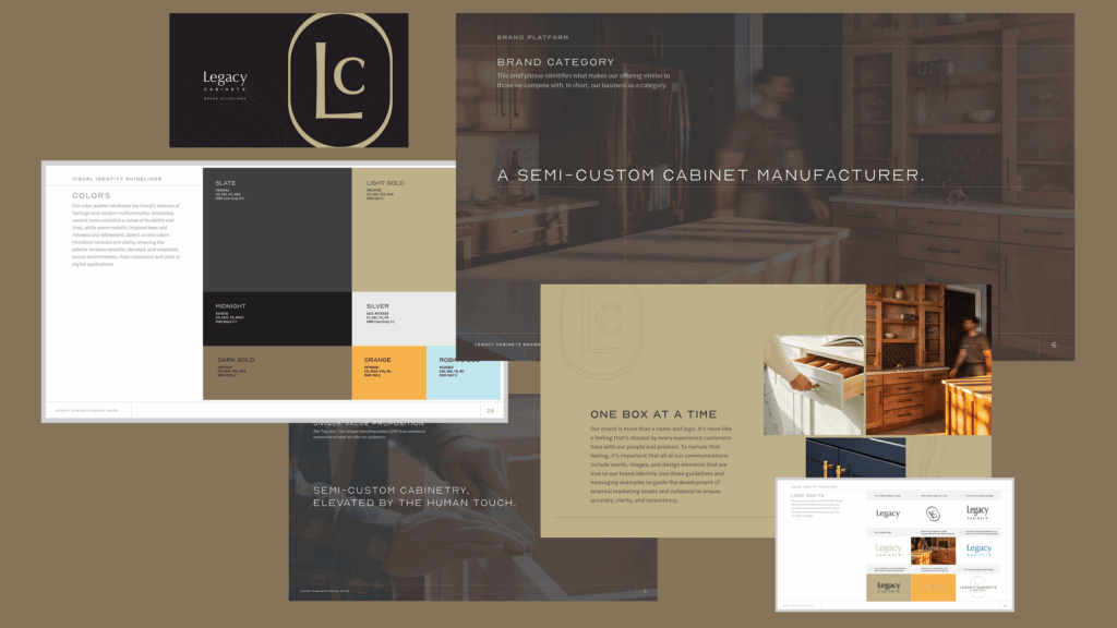 Collage of Legacy Cabinets brand guidelines showing the LC monogram, color palette, typography and logo usage, messaging pages, and cabinetry photography applications.