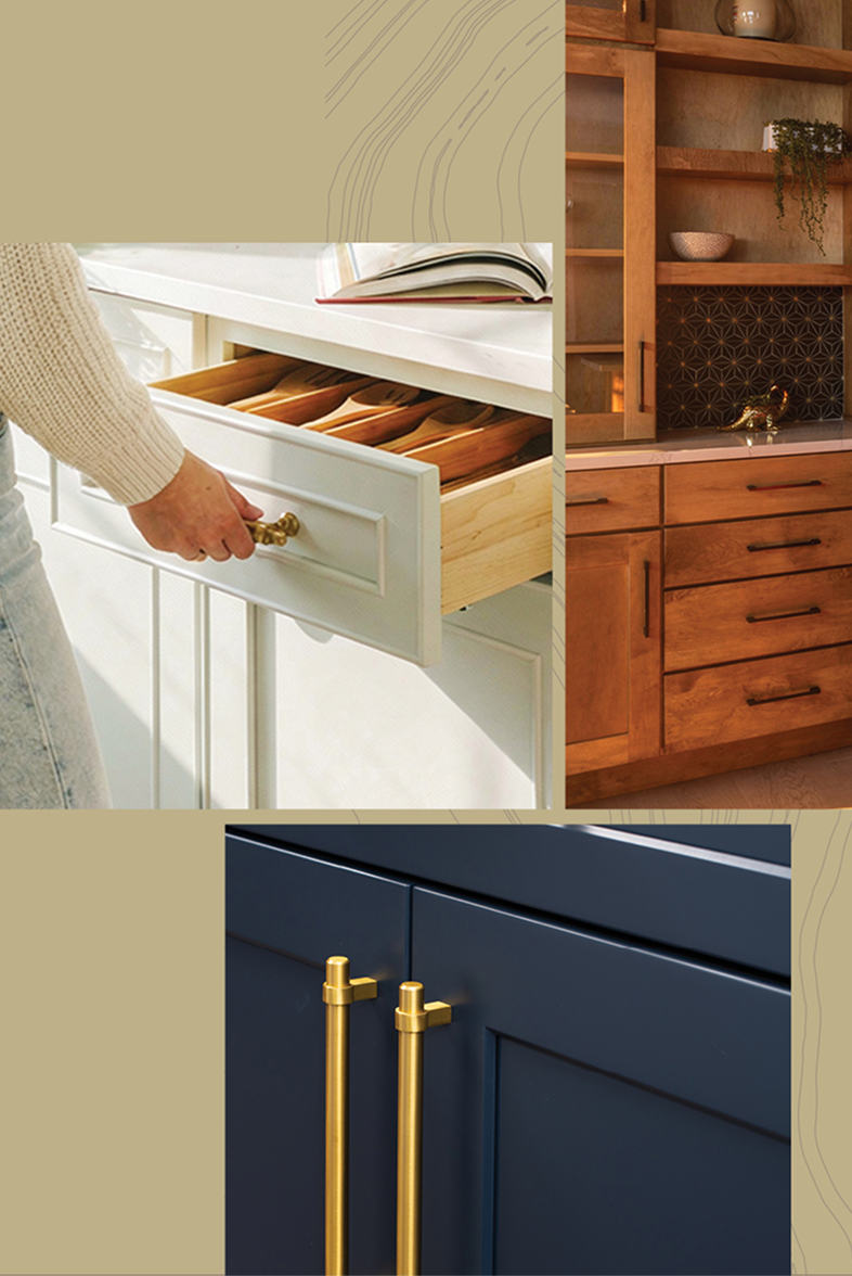Collage of cabinetry details showing a white drawer with wooden organizers, warm wood built-ins with open shelving, and navy cabinet doors with brushed brass hardware.