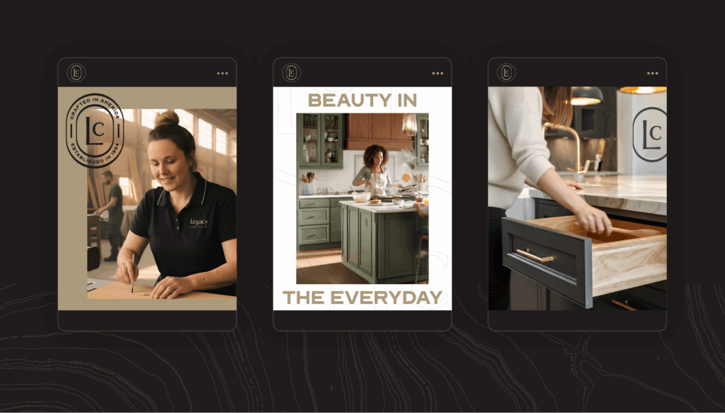 Three Legacy Cabinets social media posts featuring craftsmanship, everyday kitchen moments, and detailed cabinetry design with integrated LC branding.