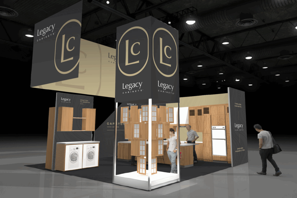 Legacy Cabinets trade show booth featuring LC monogram signage, cabinetry displays, and interactive product showcases within a modern exhibit space.