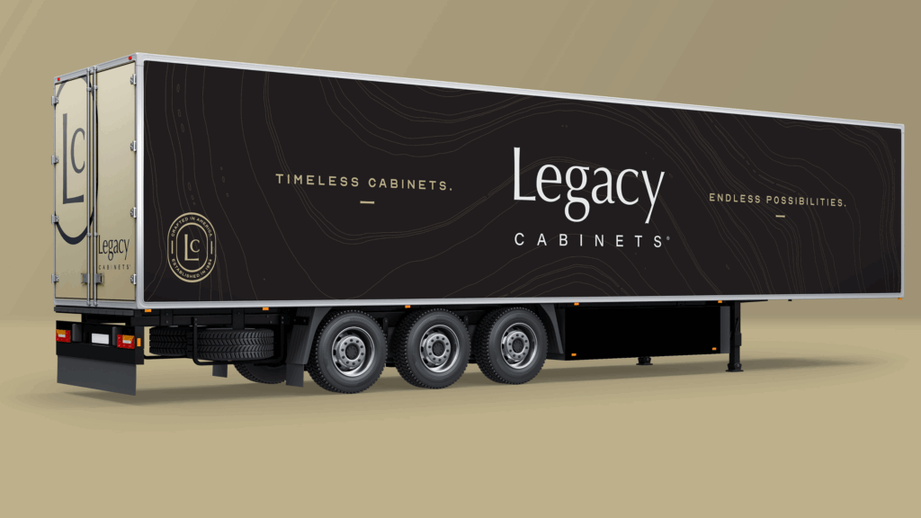 Legacy Cabinets branded trailer featuring the LC monogram, topographic line pattern, and the tagline “Timeless Cabinets. Endless Possibilities.” on a dark exterior wrap.