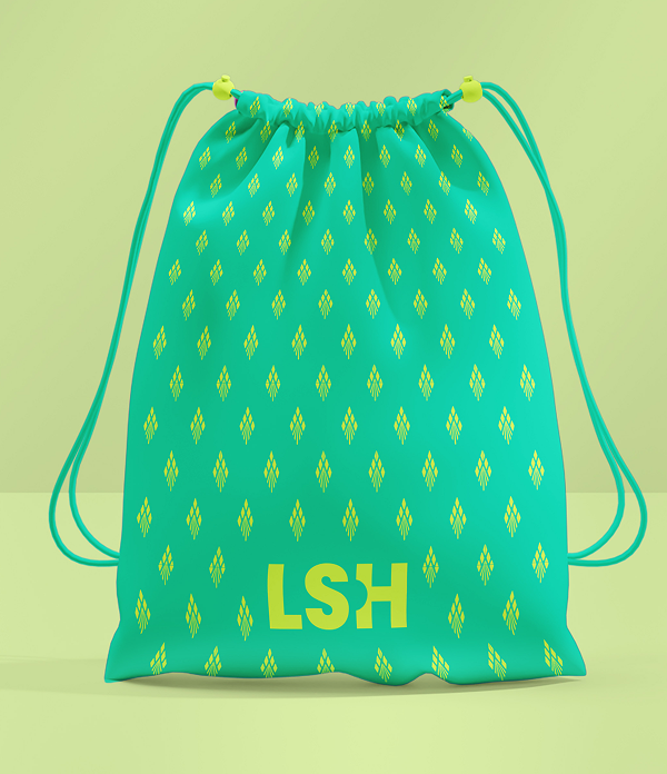 Teal 'LSH' drawstring bag featuring a repeating lime green geometric diamond pattern and bold brand initials at the bottom.