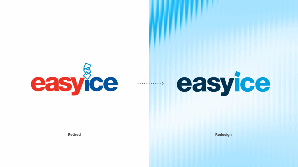 Side-by-side comparison of the retired Easy Ice logo and the redesigned logo, showing a shift from a red-and-blue wordmark with stacked ice cube icons to a simplified modern blue wordmark on an abstract icy background.
