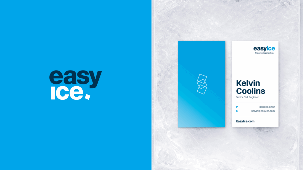 Easy Ice brand identity exploration featuring a bold stacked wordmark alongside business card mockups with icy textures, bright blue gradients, and modern typography.