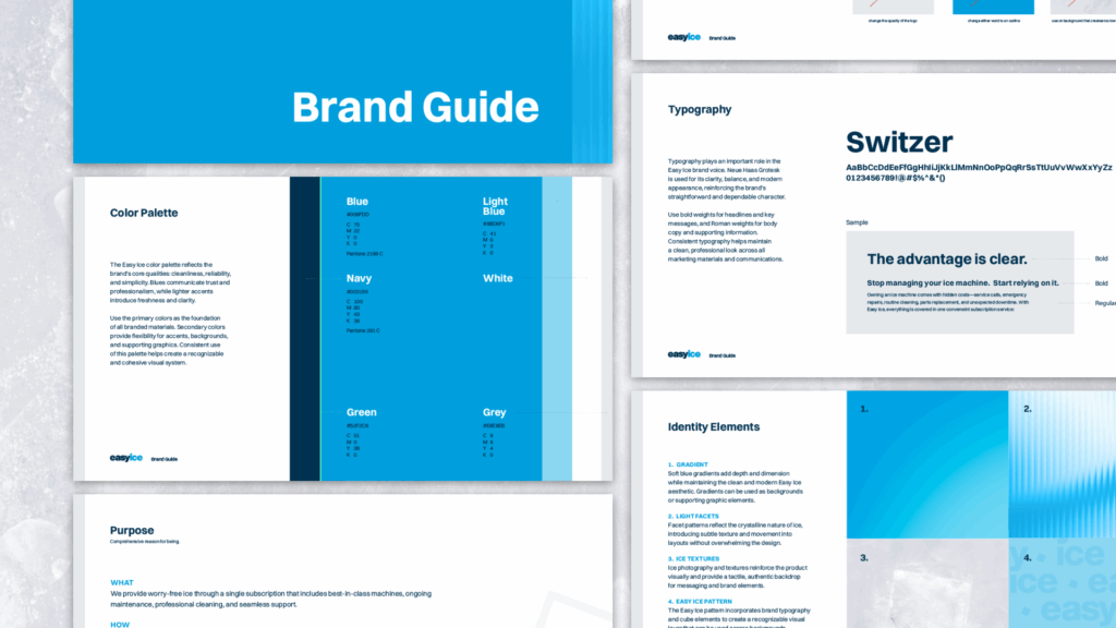 Easy Ice brand guide spreads showcasing the visual identity system, including color palette, typography, gradients, textures, and supporting graphic elements inspired by ice and clarity.