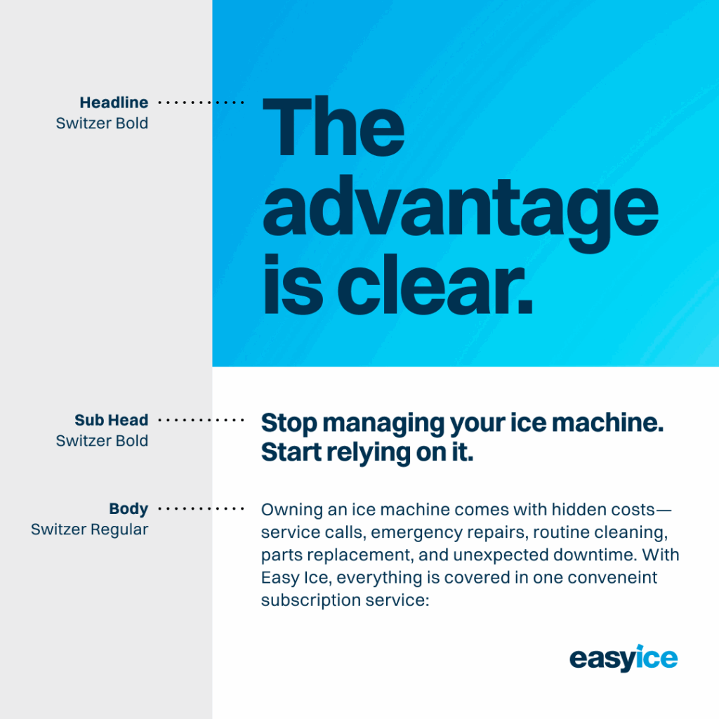 Easy Ice typography system example showing the use of Switzer typefaces across headlines, subheads, and body copy within a clean, modern brand layout.