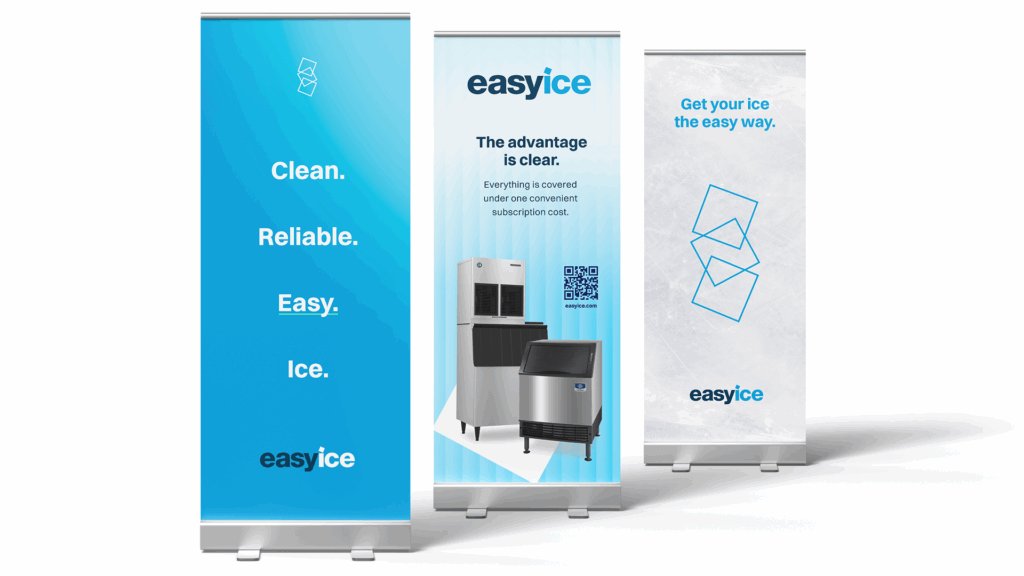 Series of Easy Ice branded display banners featuring bold typography, icy textures, product photography, and messaging focused on clean, reliable, and convenient ice solutions.