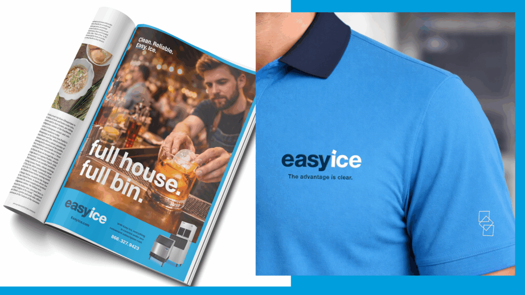Easy Ice branded marketing applications including a magazine advertisement promoting ice subscription services and a blue employee polo featuring the redesigned logo and supporting iconography.