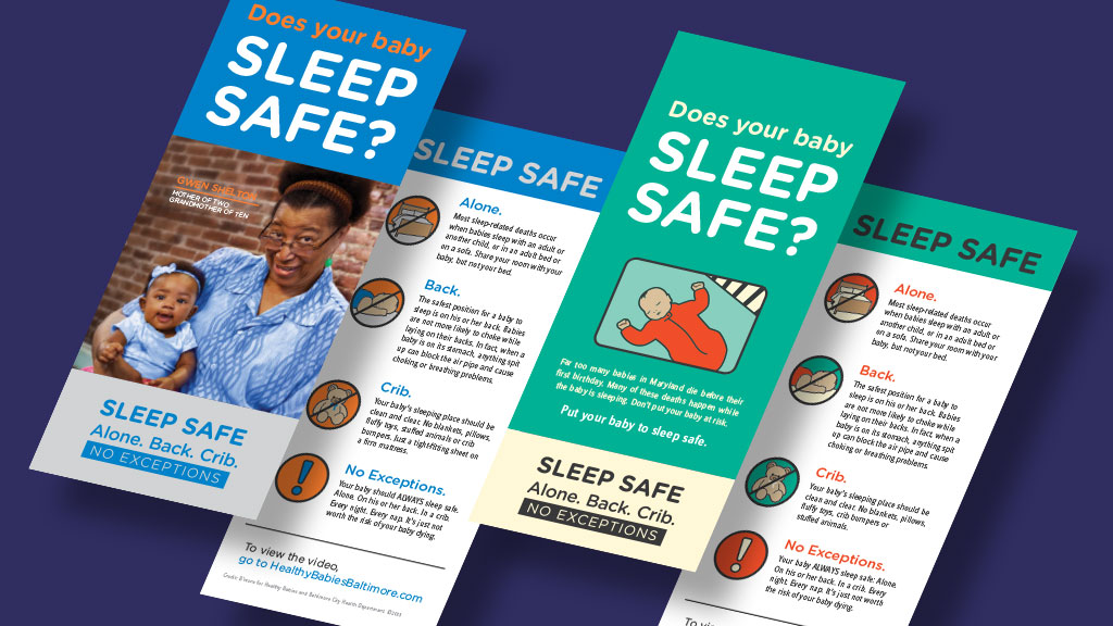 A set of colorful educational pamphlets about infant sleep safety displayed against a dark blue background. The brochures feature photos and illustrations of babies and caregivers alongside bold text promoting safe sleep practices, including messages such as “Sleep Safe,” “Alone. Back. Crib.” and “No Exceptions.” The materials use bright blue and teal colors with easy-to-read layouts designed for public health education and community outreach.